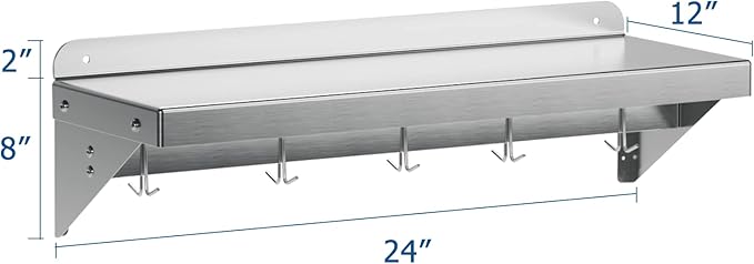 12" x 24" NSF Certified Stainless Steel Wall Mount Shelf - Multifunctional Metal Storage Rack with Backsplash and 5 Hooks