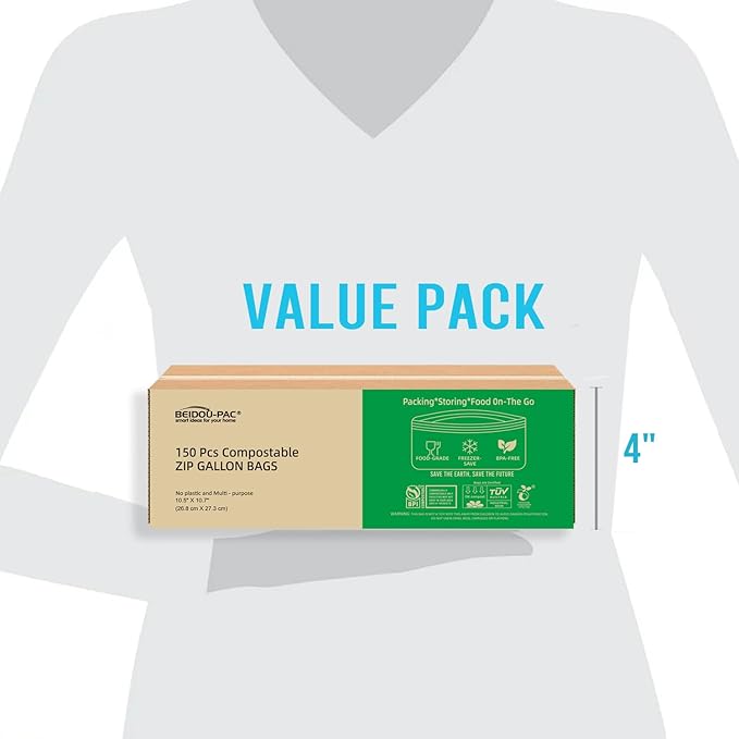 BEIDOU-PAC Compostable Gallon Food Storage Freezer Bags, 150 Count | 2 Mil | 10.5" * 10.7", Freshness Easy Open Biodegradable Eco-Friendly Reclosable Compost Zippper Bags