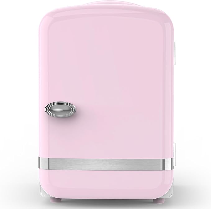 Electactic Mini Fridge for Skincare, 4L/6 Cans Portable Compact Cosmetic Fridge, Retro Desktop Fridge with AC/DC Adapters, Small Cooler and Warmer for Beverage, Makeup, Bedroom, Office, Kids, Pink