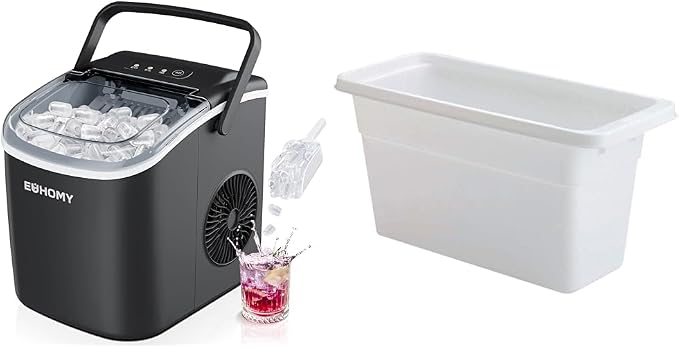 EUHOMY Countertop Ice Maker - with Handle, 26lbs in 24Hrs, 9 Ice Cubes Ready & Rubbermaid Ice Bin 12.1" x 5.5" x 6.12"
