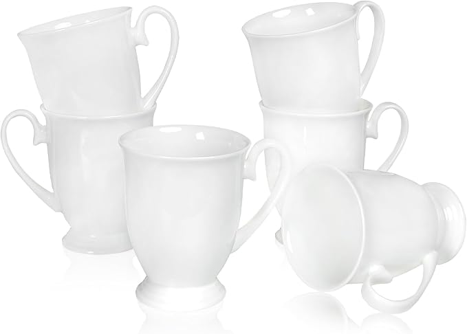 Luxury Fine Bone China White Coffee Mugs Set of 6 (8 oz), Ceramic Euro Style Tea Cups, Elegant Durable Coffee Cups Set for Gifts, Women, Men, Mom, Dad, Wedding