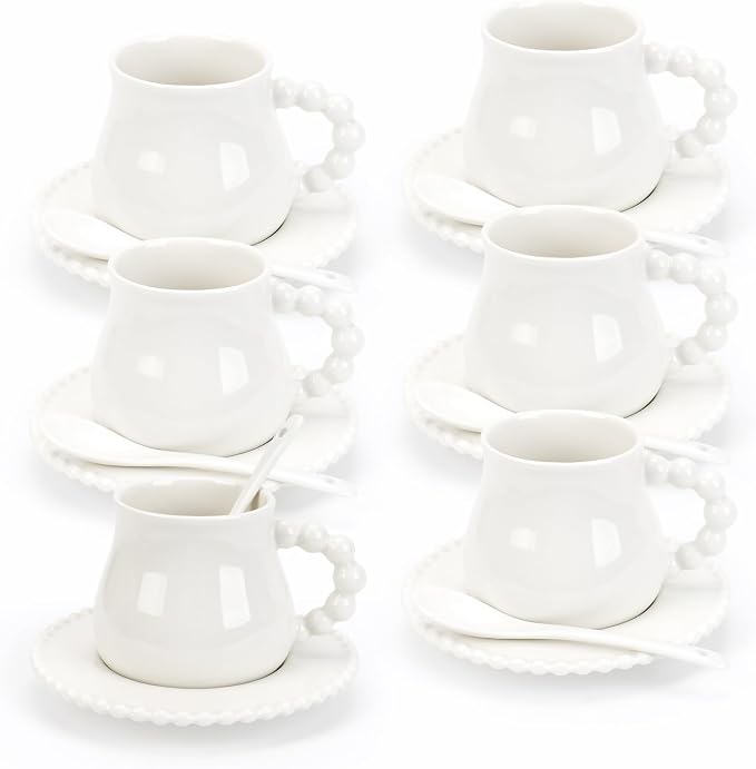 Espresso Cups with Set of 6 Saucers and Spoons, 8 oz Porcelain Coffee Cup Mugs for Latte, Au Lait, Flat White, Mocha, Tea, Elegant Tea Mugs Set, Dishwasher & Microwave Safe
