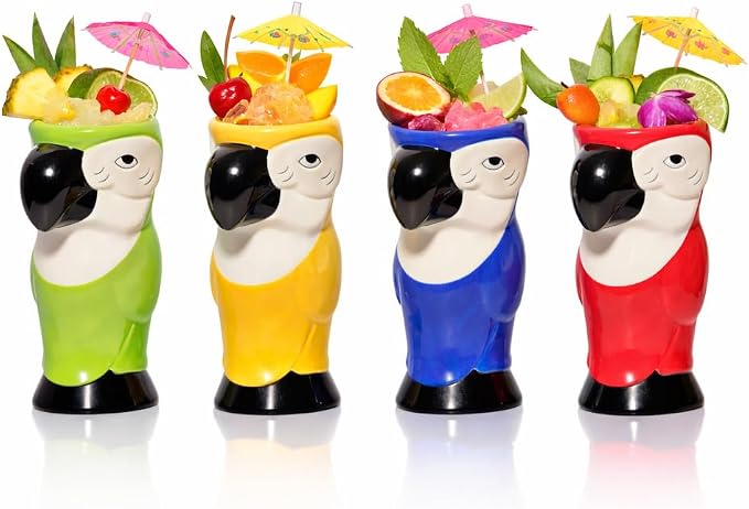 LEMONSODA Ceramic Hawaiian Tiki Glasses (Tiki Parrots, Set of 4)