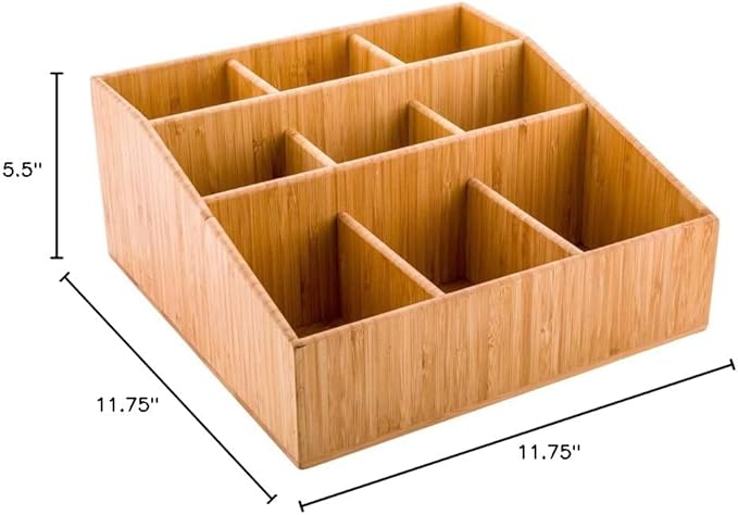 Restaurantware-11.75 x 5.5 Inch Coffee Condiment Organizer, 1 Square Creamer Organizer - 9 Compartments, Break-Resistant, Bamboo Coffee Accessory Caddy, Won't Chip, For Sugar Packets And Creamers