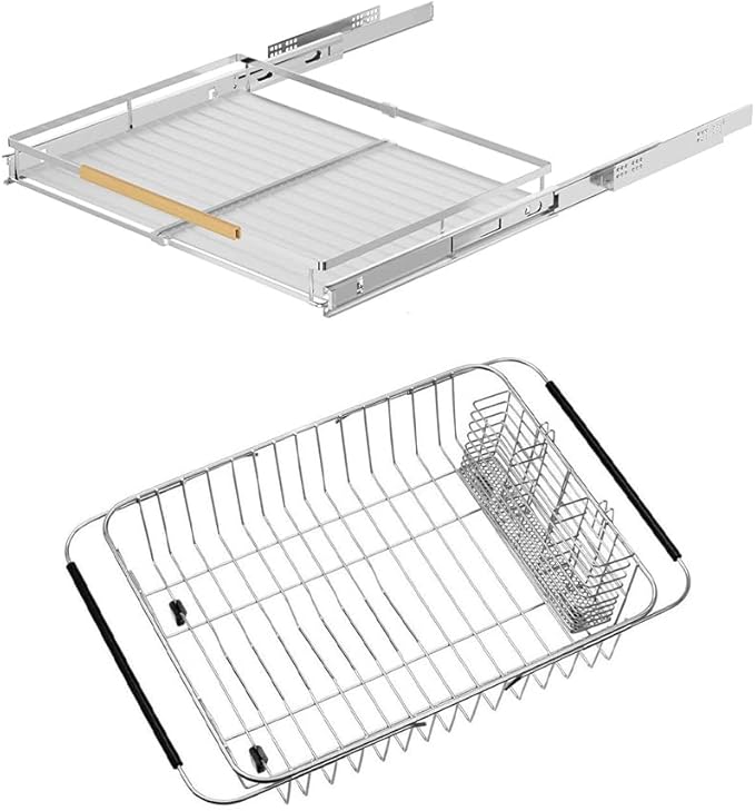 SANNO Expandable Pull Out Drawers for Kitchen Cabinets Organizer, Sliding Shelf Storage Shelf, Dish Drying Rack with Stainless Steel Utensil Holder Large Dish Rack Drainer