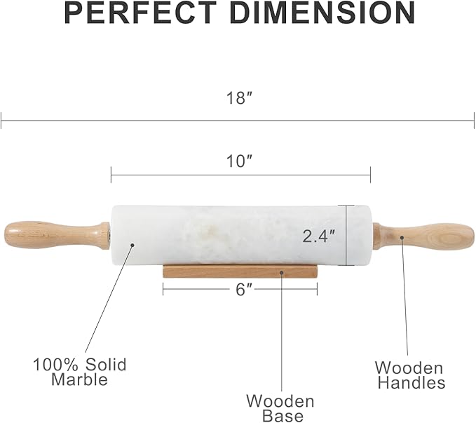 Koville White Marble Rolling Pin With Wooden Handles & Wood Cradle, 18 Inch Polished Marble Rolling Pins For Making Pizza Dough, Dough Roller For Pie Crust, Cookie, Pasta, Ergonomic Handles