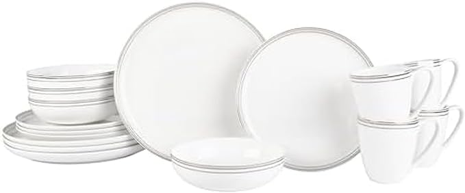 Everyday White by Fitz and Floyd Nevaeh Bone China Coupe Platinum Bands Dinnerware Set, Service for 4