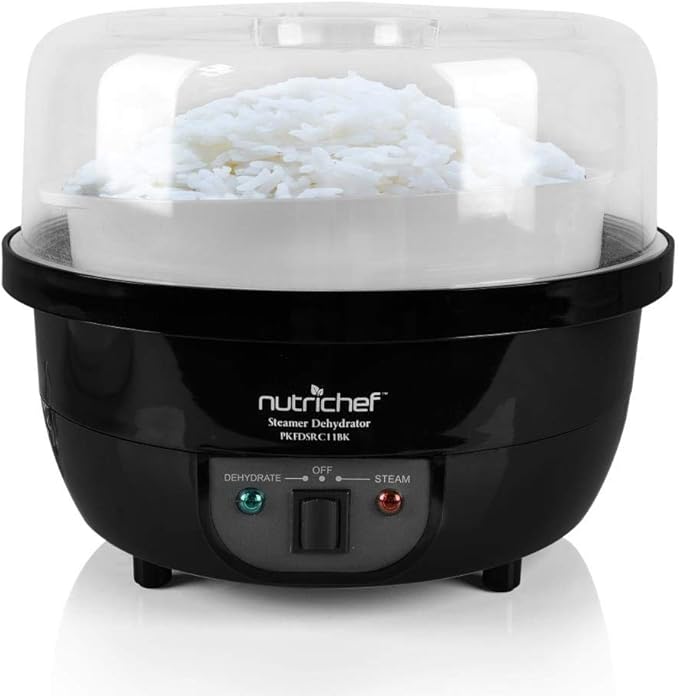 NutriChef Food Dehydrator Machine and Professional Electric Steamer, Cooker, Meat Preserver, Beef Jerky Maker, Fruit Dryer, Steams Rice and Vegetables with Stackable Trays in Black - (PKFDSRC11BK)
