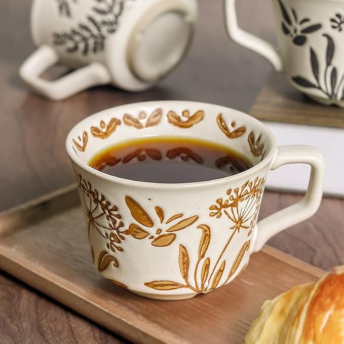Vintage Ceramic Mug Set - 12 oz Unique Ceramic Coffee Mugs & Tea Cups with Hand-Drawn Patterns, Dishwasher & Microwave Safe, Ideal Gift