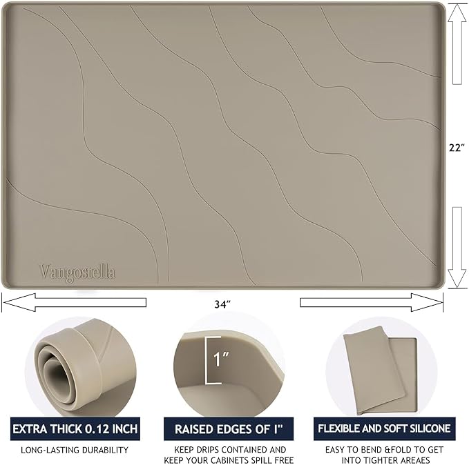 Heavy Duty Silicone Under Sink Mats for Kitchen Waterproof 31" x 22", Extra Thick Under Sink Rubber Mat Drip Tray, Raised Edge Under Sink Liner,Prevent Drips, Leaks, Spills,Brown