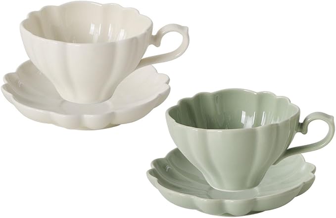 Flower Shaped Ceramic Coffee Cup Teacup with Saucer, Set of 2