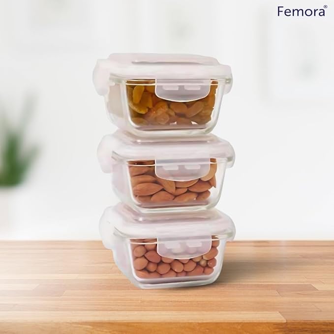 Femora Borosilicate Glass Microwave Safe Mini Square Container with Air Tight Air Vent Lid, 180ML, Set of 3, Clear