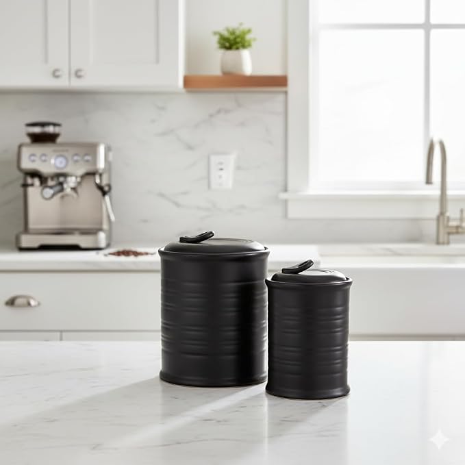 Nihow Food Storage Jar,Ceramic Canister Sets for The Kitchen,Set of 2,Black | Air Tight Lid,For Flour/Sugar/Rice/Coffee/Cookies/Candy,Kitchen Counter Canister/Dishwasher Safe