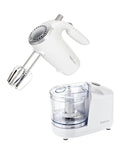 Betty Crocker 2-Piece Kitchen Appliances Combo: 5-Speed Hand Mixer with Food & Vegetable Chopper, 150W Mixer, Chrome Beater & Whisk Attachments, 100W Food Processor with Plastic Bowl, BC-7222W, White