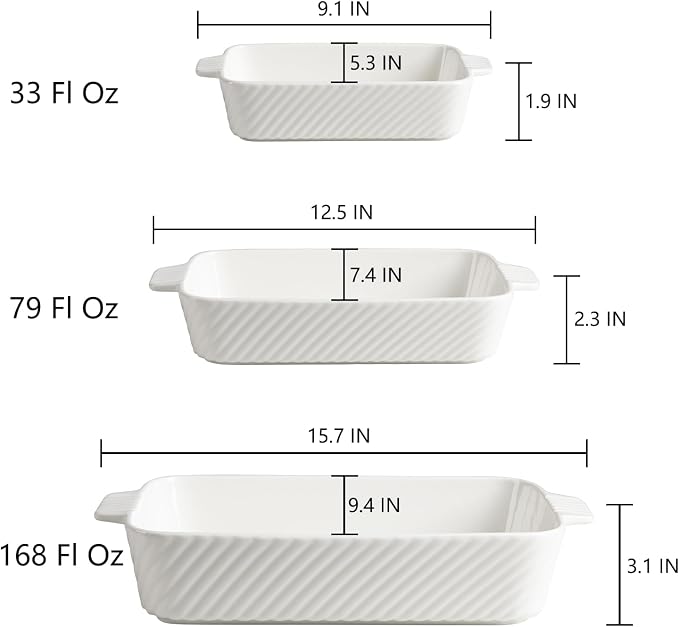 Sweejar Ceramic Baking Dish Set, Cake Baking Dish for Brownie, Porcelain Striped Casserole Dishes for Oven with Handle for Lasagna, Family Dinner(White)