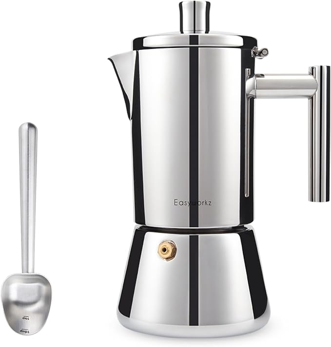 Easyworkz Diego Stovetop Espresso Maker 12Cup 17.5 oz Moka Pot, Bundled with Stainless Steel Long Hollow Handle 7g Measuring Spoon, Brushed Silver