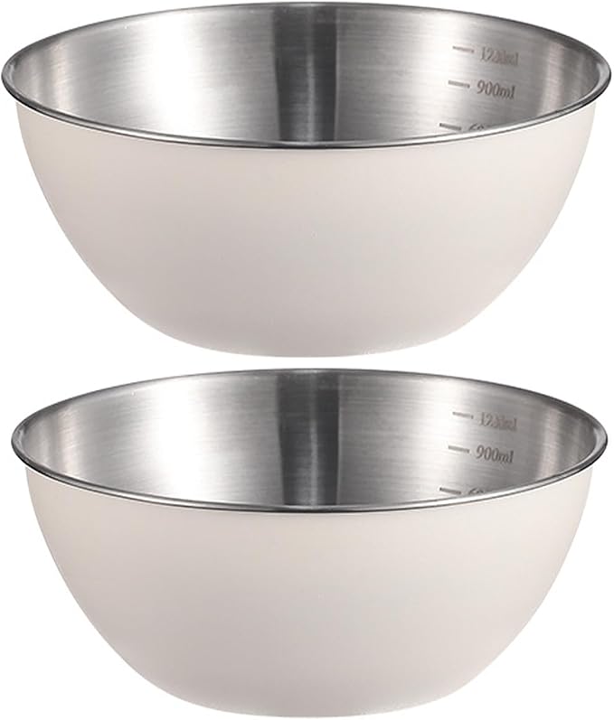 Stainless Steel Salad Bowls Set of 2 Mixing Bowl with Measurement Markings Snacks Bowls, 2.11 Quart White Serving Bowls for Mixing, Cooking, Baking, Prepping and Home Kitchen Food Storage Bowls