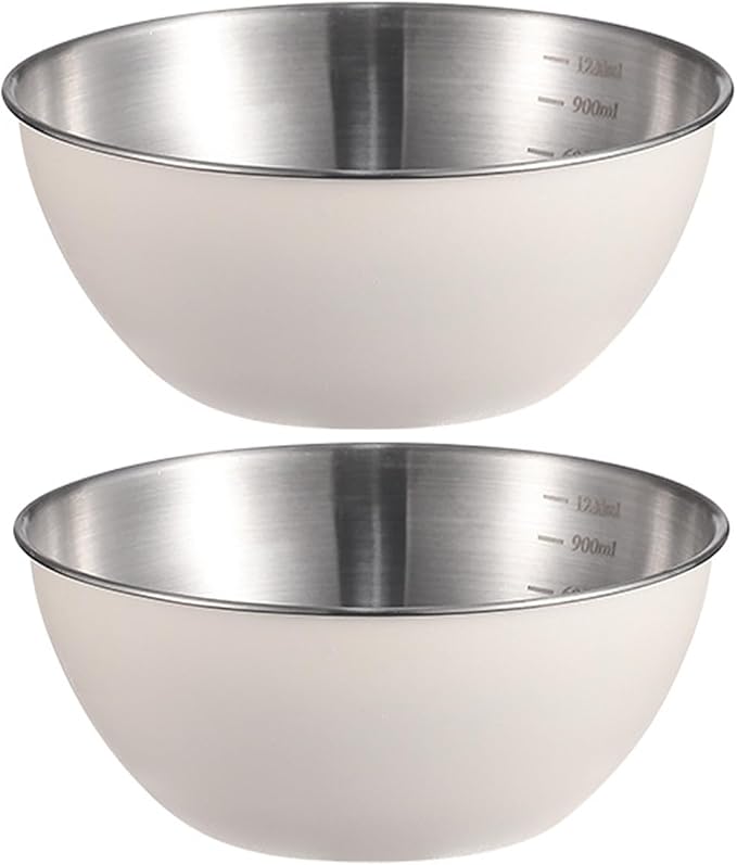 Stainless Steel Salad Bowls Set of 2 Mixing Bowl with Measurement Markings Snacks Bowls, Small 1.27 Quart White Serving Bowls for Mixing, Cooking, Prepping and Home Kitchen Food Storage Bowls