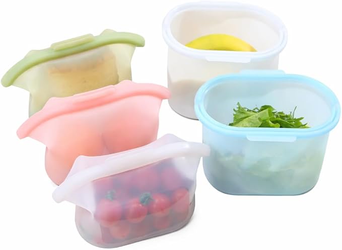 Luviora Extra Thick Reusable Silicone Food Storage Bags, 5 Pack – 4 Cup (1L) Stand Up Leakproof Ziplock, BPA-Free, Dishwasher Safe, Premium Silicone Bags for Meal Prep, Sous Vide & Freezer