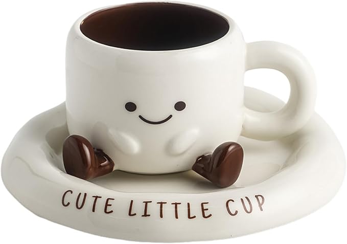 Ceramic Coffee Mug with Saucer Set, 6.8oz Cute 3D Ceramic Mug with Saucer, Face Tea Cup Espresso Cups for Coffee Tea Hot Chocolate, Microwave & Dishwasher Safe (White)
