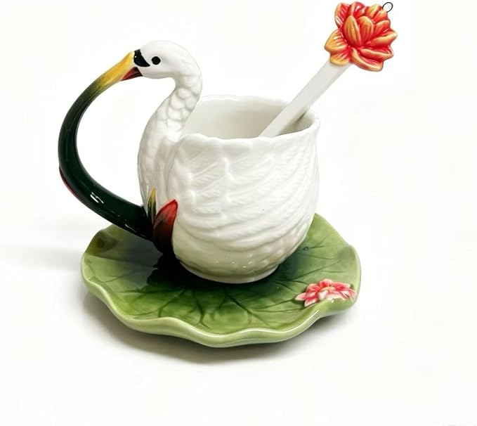 Ceramic Tea Cup and Saucer Set ，6OZ 3D Hand-painted Swans and Lotus Leaves Coffee Mug，Gift for Women