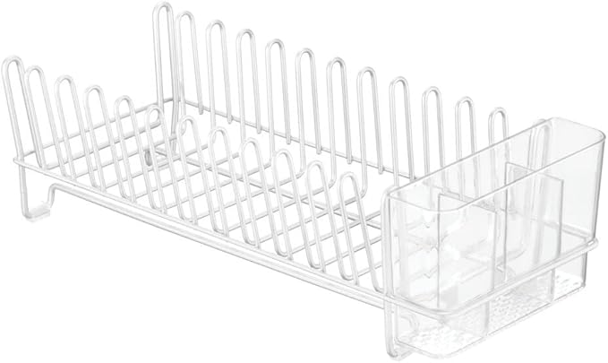 mDesign Kitchen Sink Dish Drainer – Small Metal and Plastic Dish Rack for Kitchen Sink – Dish Drying Rack with Drip Tray for Plates and Cutlery Basket – White/Clear