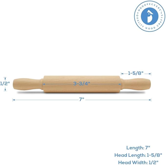 Wooden Mini Rolling Pin, 7 Inches Long, Pack of 6, Perfect for Fondant, Pasta, Baking in the Kitchen, Crafting by Woodpeckers