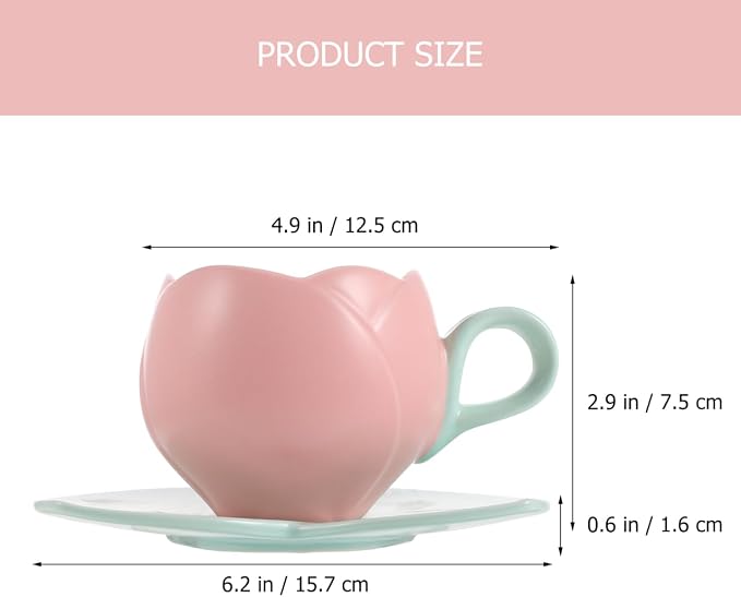 Luxshiny Ceramic Pink Tulip Coffee Mug with Handle, 10oz/300ml Tulip Shape Coffee Cup with Saucer for Tea Milk for Home Office (Pink)