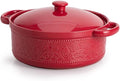 FUN ELEMENTS Casserole Dish, 2 Quart Lace Emboss Casserole Dish with Lid, Oven to Table Ceramic Round Serving Dish with Handles for Dinner and Party, Thanksgiving Christmas Gifts(Christmas Red)