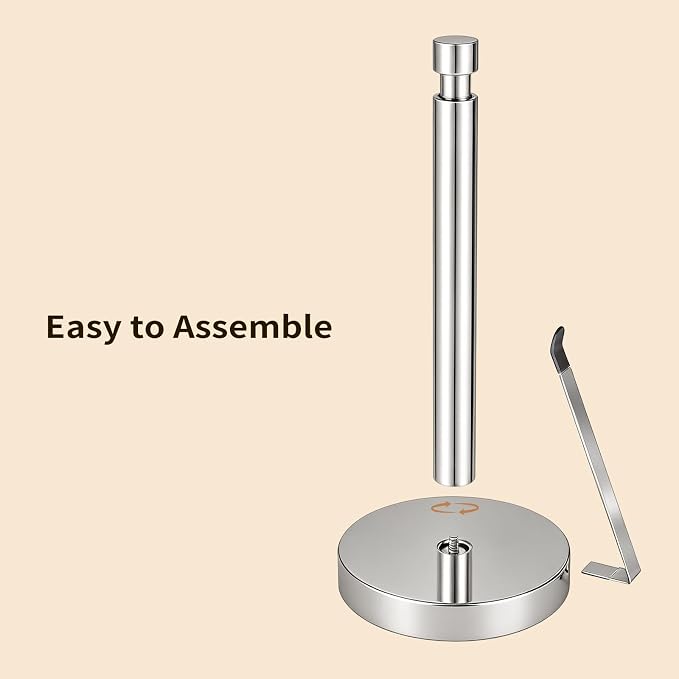 YUMORE Heavy Duty Stainless Steel Paper Towel Holder – Easy One-Handed Tear, Weighted Base Non-Slip, Tension Arm Prevents Unraveling, Countertop Paper Stand for Kitchen, Fits Most Size Rolls (Chrome)