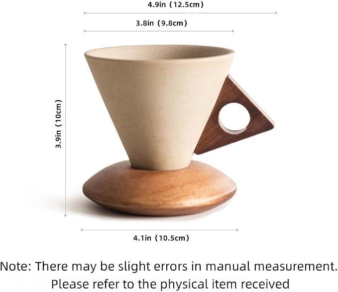 250ML- Retro ceramic coffee mug, Creative Cone coffee cup set for women elegant small- Solid wood handle and coaster - Suitable for home, restaurant, party and office use. (light brown handle)