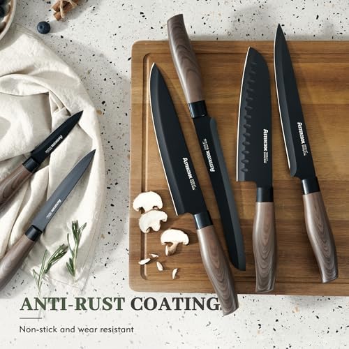 Astercook Non Stick Pots and Pans Set Healthy Non-Toxic Titanium Induction Kitchen Cookware Sets and Astercook 13-Piece Kitchen Knife Set with Black Anti-Rust Coating Stainless Steel Chef Knives Set