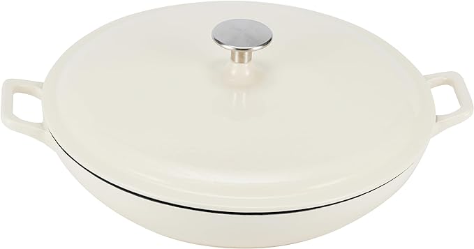 Amazon Basics Enameled Cast Iron - Covered Round Casserole Skillet with Lid, Oven Safe - 500°F, Even Heat Distribution, 3.3-Quart, White