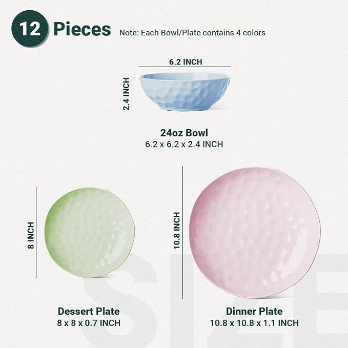 HOMBENE Plates and Bowls Sets, Dinnerware Set 12 Piece Service Porcelain Dinnerware for 4, for Dessert Salad and Pasta, Mixed Colors Dishes
