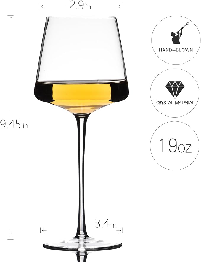 White Red Wine Glasses Set of 6 – 19oz Wine Glasses with Tall Long Stem,【Hand Blown】Crystal Wine Glasses- Square Wine Glasses with flat bottom,Thin Stem Wine Glasses,Clear Lead-Free Premium large