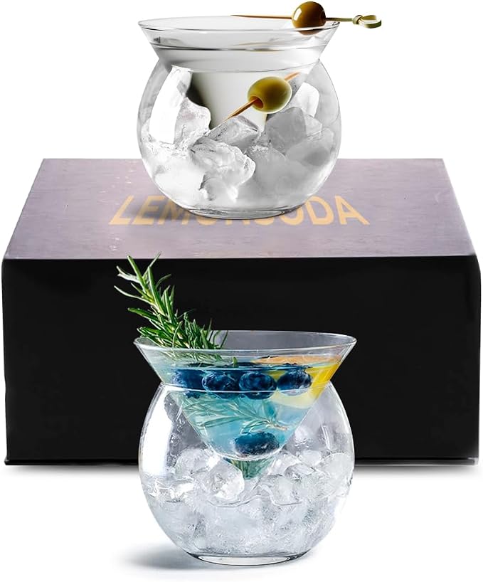 LEMONSODA Stemless Martini Glasses with Chiller - Elegant Cocktail Glass Set with Caviar Server Bowl - Beautiful Bar Martini Gift Set for Margarita, Cosmopolitan, Manhattan Cocktails (Set of 2)