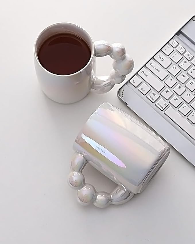 Pearl Ceramic Coffee Mug for Tea Latte Milk Cute Love Shape Cup for Home Office Women Gift 6.5 oz (Pearls White, 380 ml)
