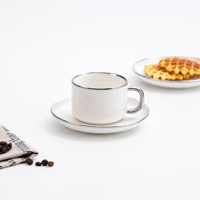 Agyiuns Tea Cups and Saucers with Silver Trim, 6.76 Ounce White Porcelain Tea Set & Coffee Cups for Latte, Cafe Mocha - Set of 4, Porcelain Mugs for Kitchen or Cafe (White and Silver)