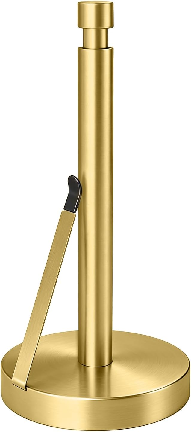 YUMORE Heavy Duty Stainless Steel Paper Towel Holder – Easy One-Handed Tear, Weighted Base Non-Slip, Tension Arm Prevents Unraveling, Countertop Paper Stand for Kitchen, Fits Most Size Rolls (Gold)