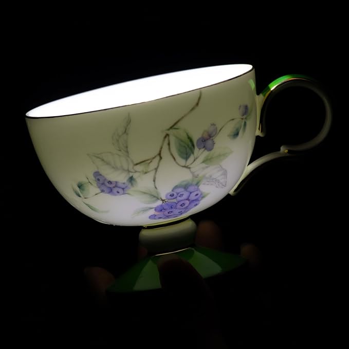 KAMMAK Ceramic Coffee Cups Saucers Set of 2, Porcelain Espresso Cups with Saucers, 7.44 oz Handcrafted Elegant Bone China Tea Cups, Grape & Blueberry Pattern Teacup for Party, Office, Women Gift