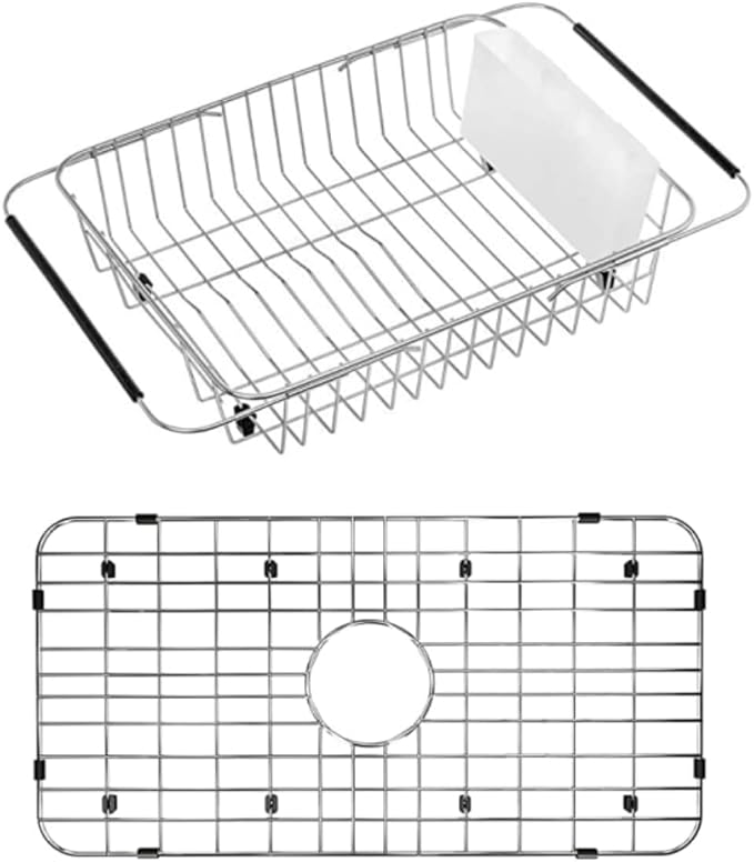 SANNO Dish Drying Rack, Expandable Dish Drainer Over Sink Kitchen Sink Grate Stainless Steel Sink Protector for Kitchen Sink