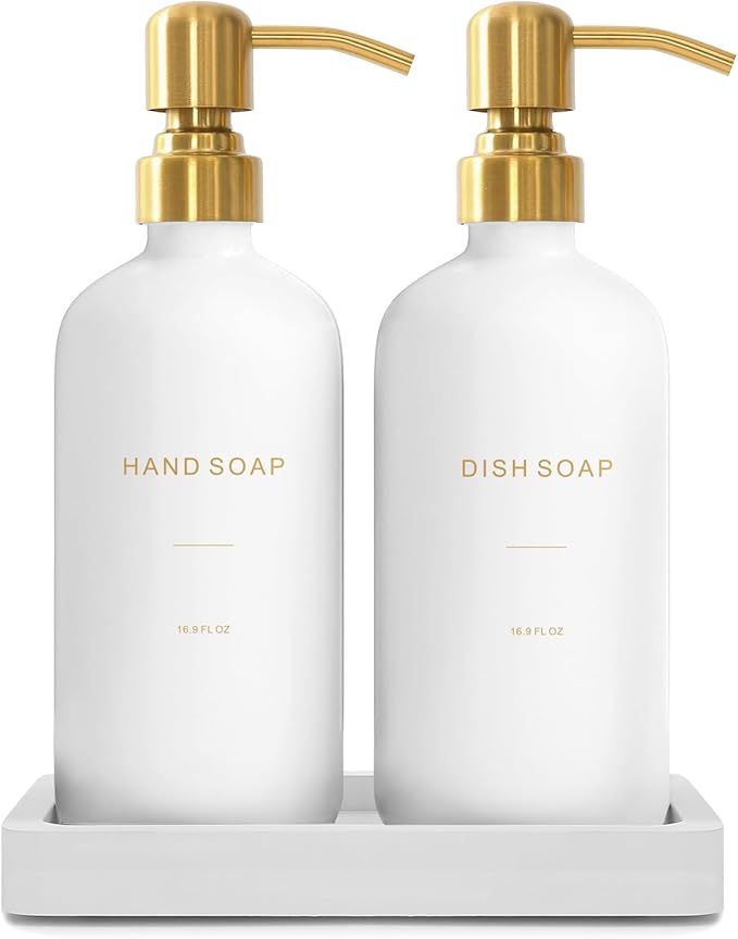 Prus Waso Gold Soap Dispenser Set, Glass Soap Dispenser with Stainless Steel Pump, Perfect for Modern Kitchen Counter Decor. (Gold)