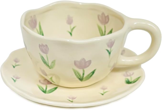 Noviko Tulip Coffee Mug Flower Tea Cups and Saucers Set for Mom 8 oz