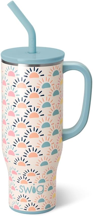 Swig Life 30oz Mega Mug, 30 oz Tumbler with Handle and Straw, Cup Holder Friendly, Dishwasher Safe, Extra Large Insulated Tumbler, Stainless Steel Water Bottle (Sun Chaser)