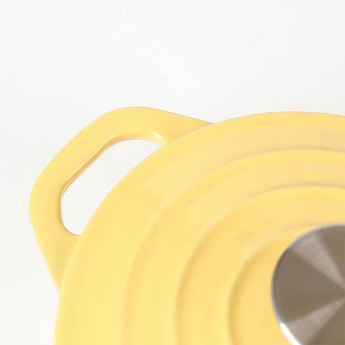 HAWOK Enameled Cast Iron Mini Dutch Oven, Dia5.51”, 23oz, with Bamboo Tray, Set of 2, Yellow