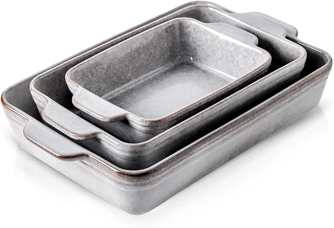 KOOV Bakeware Set, Ceramic Baking Dish Set, Rectangular Casserole Dish Set, Lasagna Pan, Baking Pans Set for Cooking, Cake Dinner, Kitchen, 9 x 13 Inches, Reactive Glaze 3-Piece, Variable Grey