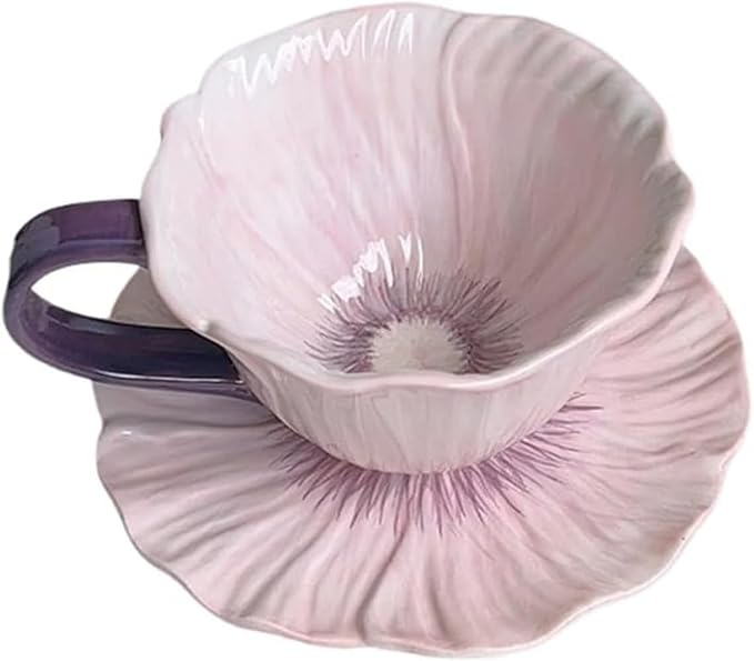 ONEUSTAR Tea Cups and Saucers 10 oz Ceramic Flower Shaped Tea Cup and Saucer Set Cappuccino Cup Latte Cup for Mother's Day Thanksgiving Wedding Gift, Purple