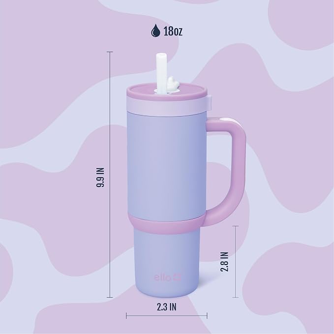 Ello Oasis 18oz Kids Tumbler with Handle & Retracting Straw, 100% Leakproof Reusable Insulated Stainless Steel Cup, Gifts for Teens Girls Boys, Keeps cold for 18 Hours, Cup Holder Friendly, Lavender