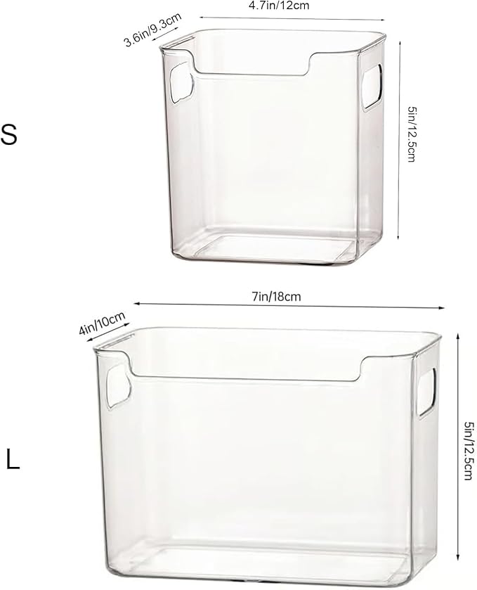 Clear Plastic Freezer Storage Bins, 4 Pack Stackable Refrigerator Organizer Containers with Handles for Meat, Veggies, and Pantry (2PS Small Size*2ps Large)