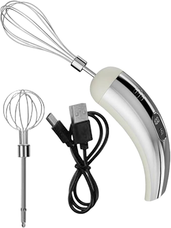 Electric Egg Beater USB Handheld Milk Frother 5 Speed Cordless Cream Mixer Stainless Steel Whisk Heads Suitable for Home Use Kitchen Baki, Silver White